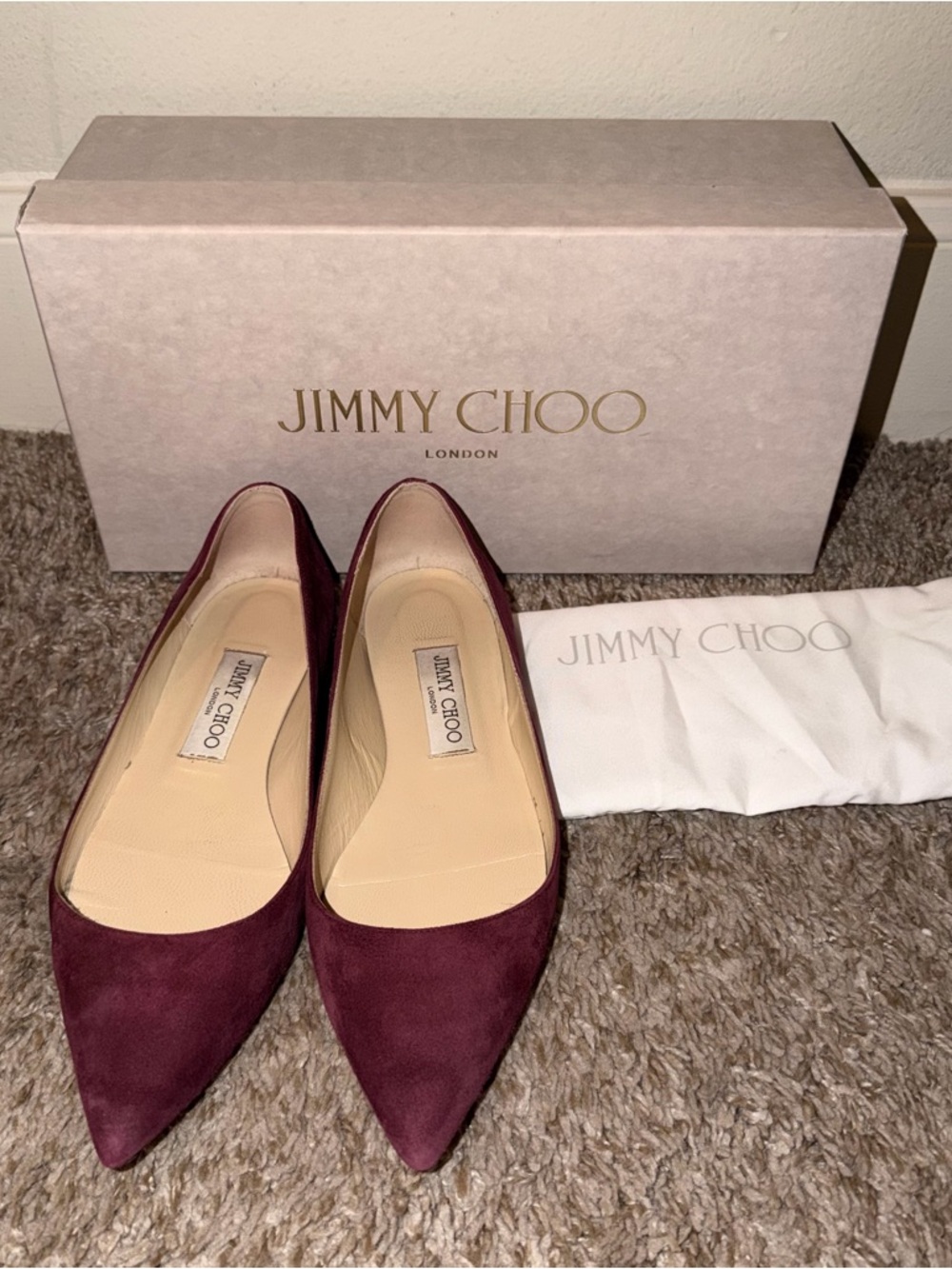 Jimmy Choo Alina Suede Flats Bordeaux Size 37.5 Pointed Toe